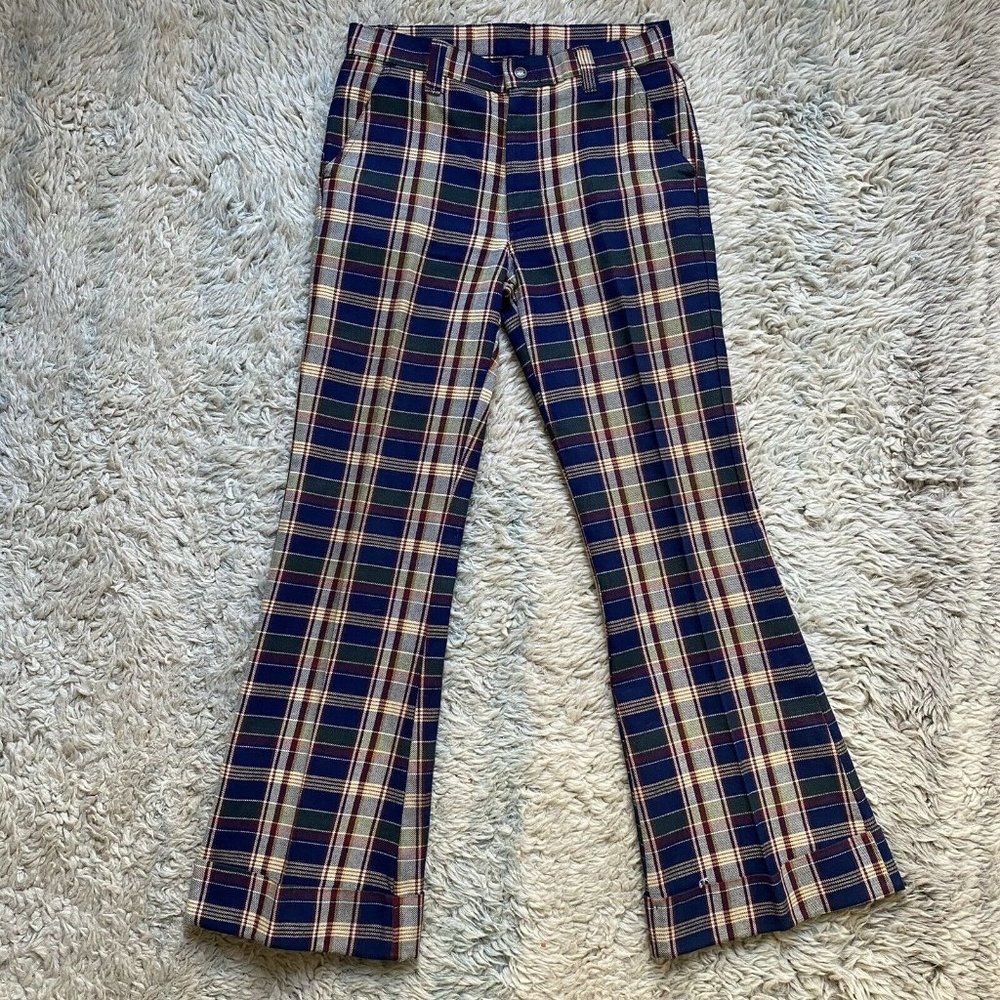 Vintage 70s H I S 29x32 Plaid Bell Bottom Pants Flare Scovill Disco Hip Hugger